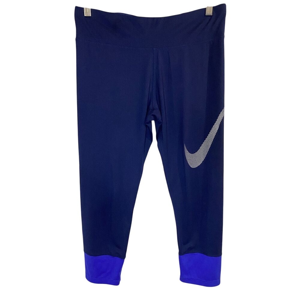 Nike Leggings Women's L Cropped Graphic Big‎ Swoosh Blue Colorblock Gym Workout